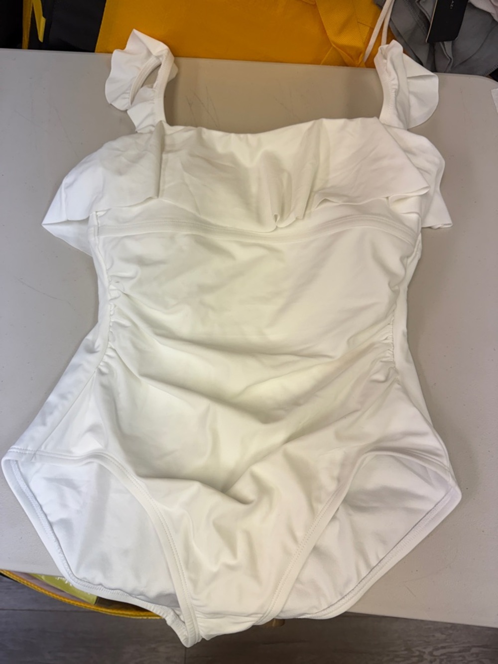Kona Sol White Ruffle One-Piece Swimsuit full seat coverage medium sizes 8-10